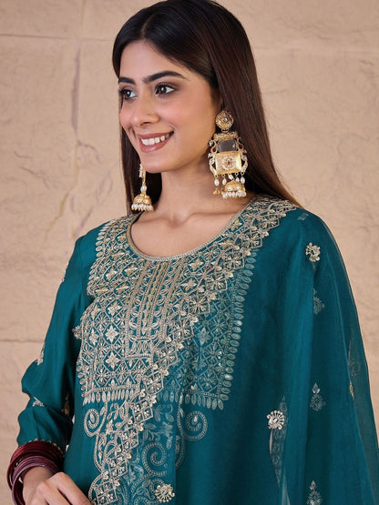 Dhiyona IN Women Ethnic Motifs Embroidered Panelled Thread Work Kurta with Palazzos & With Dupatta