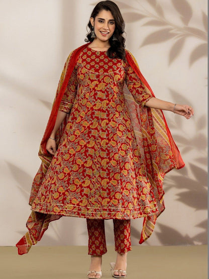 Women Floral Printed Regular Pure Cotton Kurta with Trousers & With Dupatta