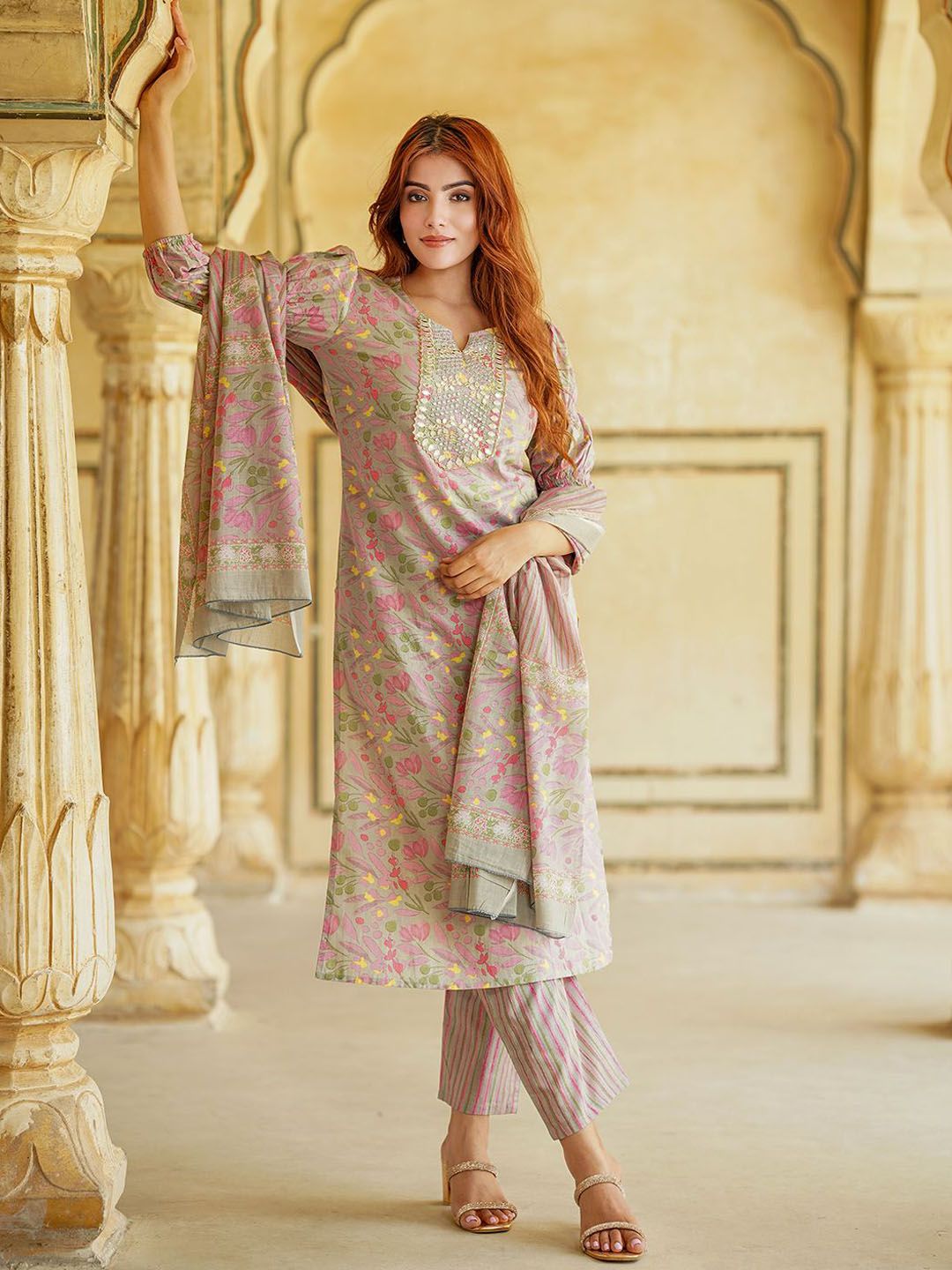 Dhiyona KL Floral Printed Thread Work Pure Cotton Straight Kurta With Trousers & Dupatta