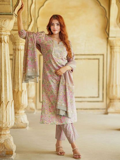 Dhiyona KL Floral Printed Thread Work Pure Cotton Straight Kurta With Trousers & Dupatta