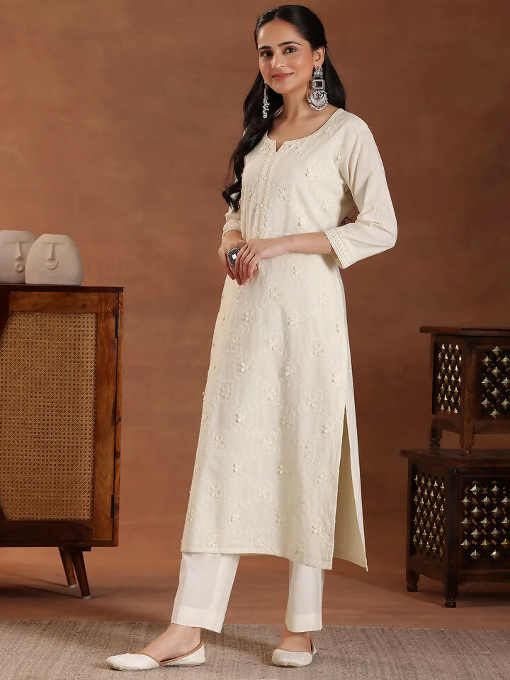 Women's LB Off White Embroidered Cotton Straight Suit With Dupatta