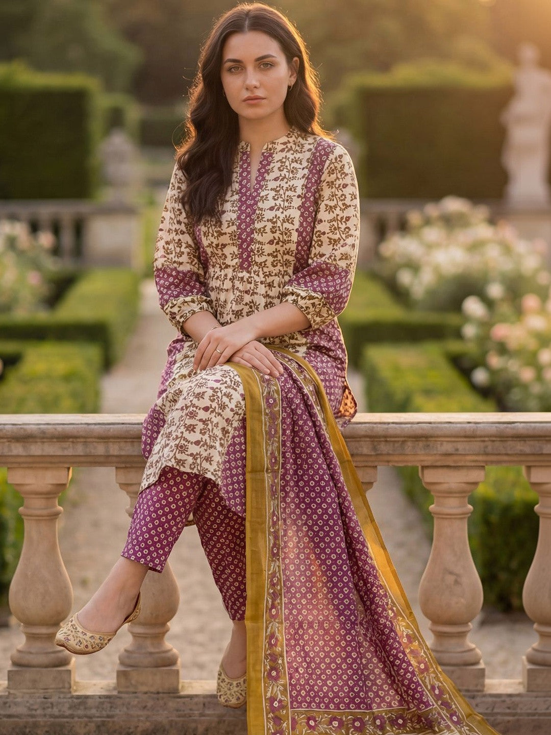 Women Floral Printed Regular Beads and Stones Pure Cotton Kurta with Trousers & With Dupatta