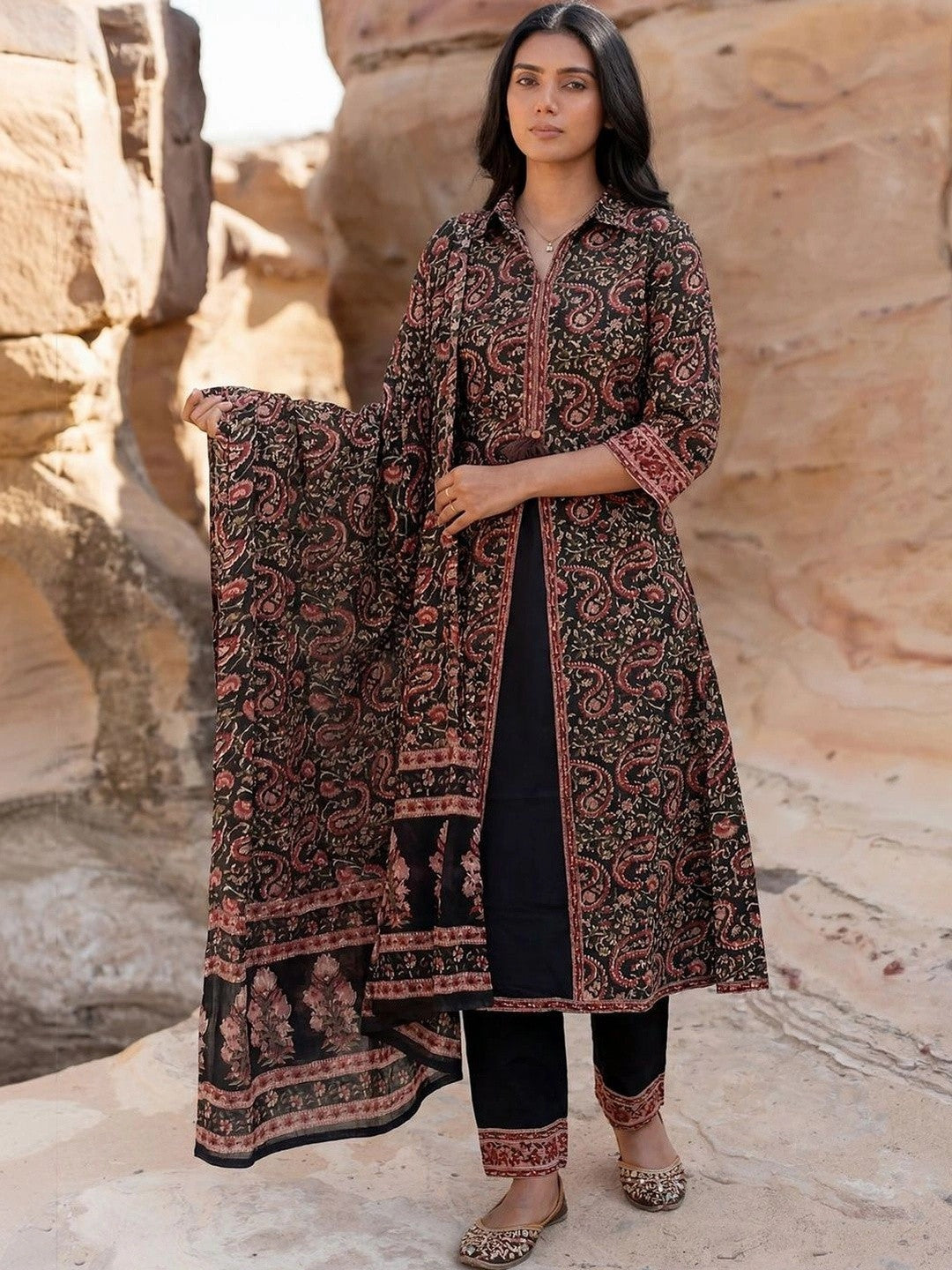 Women Ethnic Motifs Printed Regular Pure Cotton Kurta with Trousers & With Dupatta