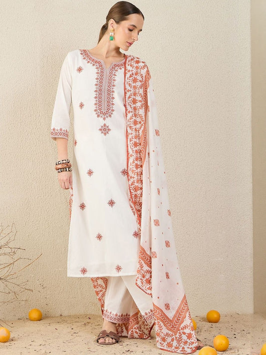 Women Floral Embroidered Cotton Kurta with Trousers & Dupatta