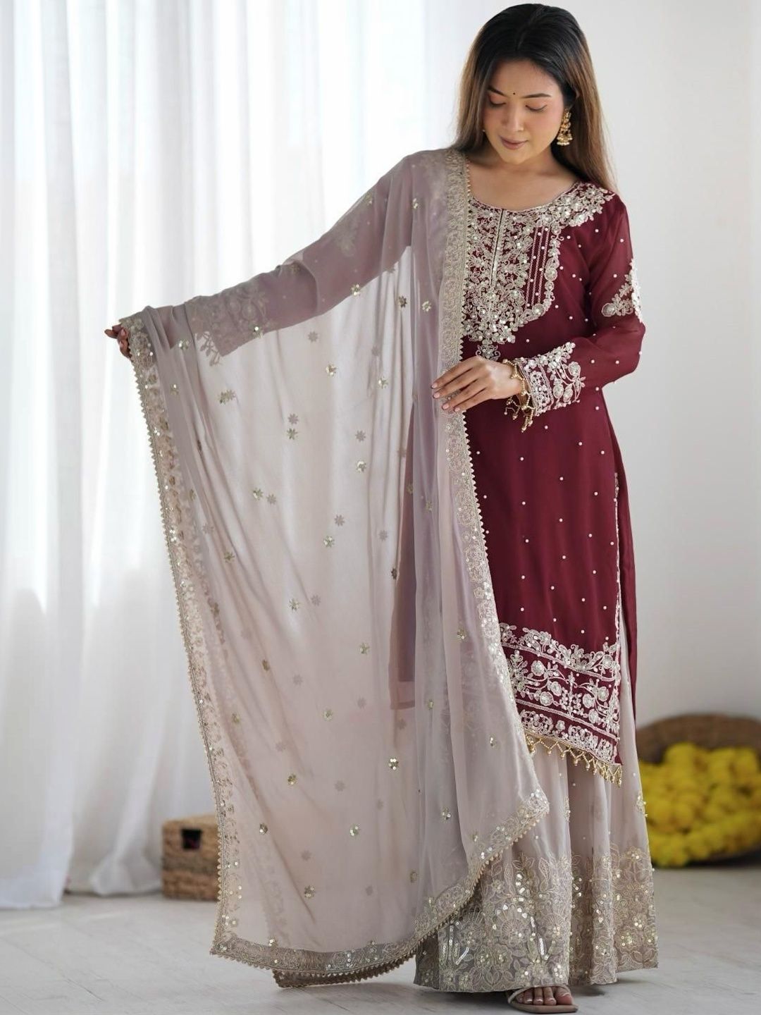 Dhiyona KL Women Embroidered Regular Sequinned Kurta with Sharara & With Dupatta