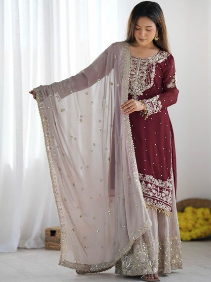 Dhiyona KL Women Embroidered Regular Sequinned Kurta with Sharara & With Dupatta