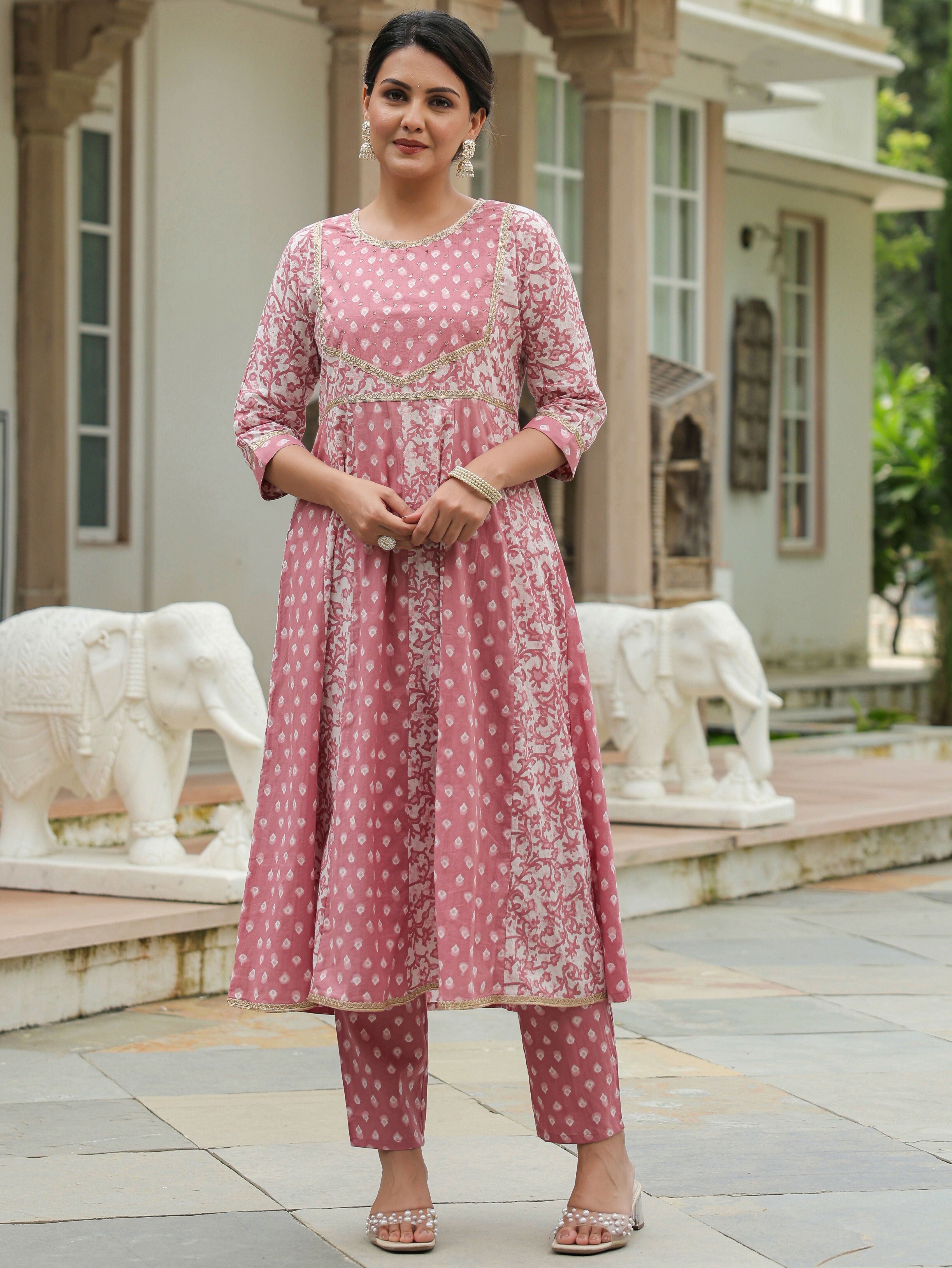 Women's Anarkali Soft Cotton Block Print Women's Kurta Set - Pink