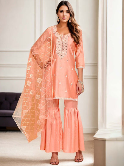 Dhiyona AN Coral Floral Embroidered Chanderi Cotton Straight Kurta With Sharara & Dupatta