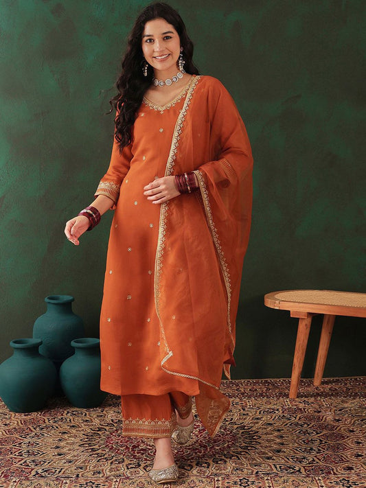 Dhiyona SN Women's Floral Embroidered Zari Straight Kurta & Trouser With Dupatta