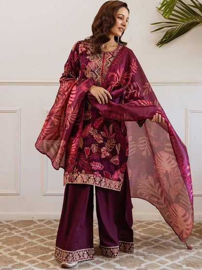 Floral Printed Straight Thread Work Kurta With Palazzos & Dupatta