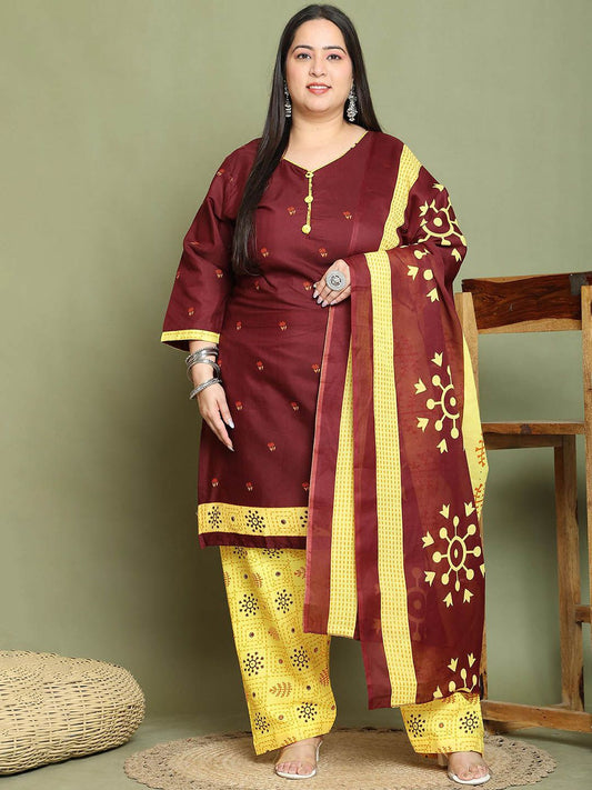 Dhiyona KL Floral Printed V-Neck Three-Quarter Sleeves Straight Kurta with Salwar & Dupatta