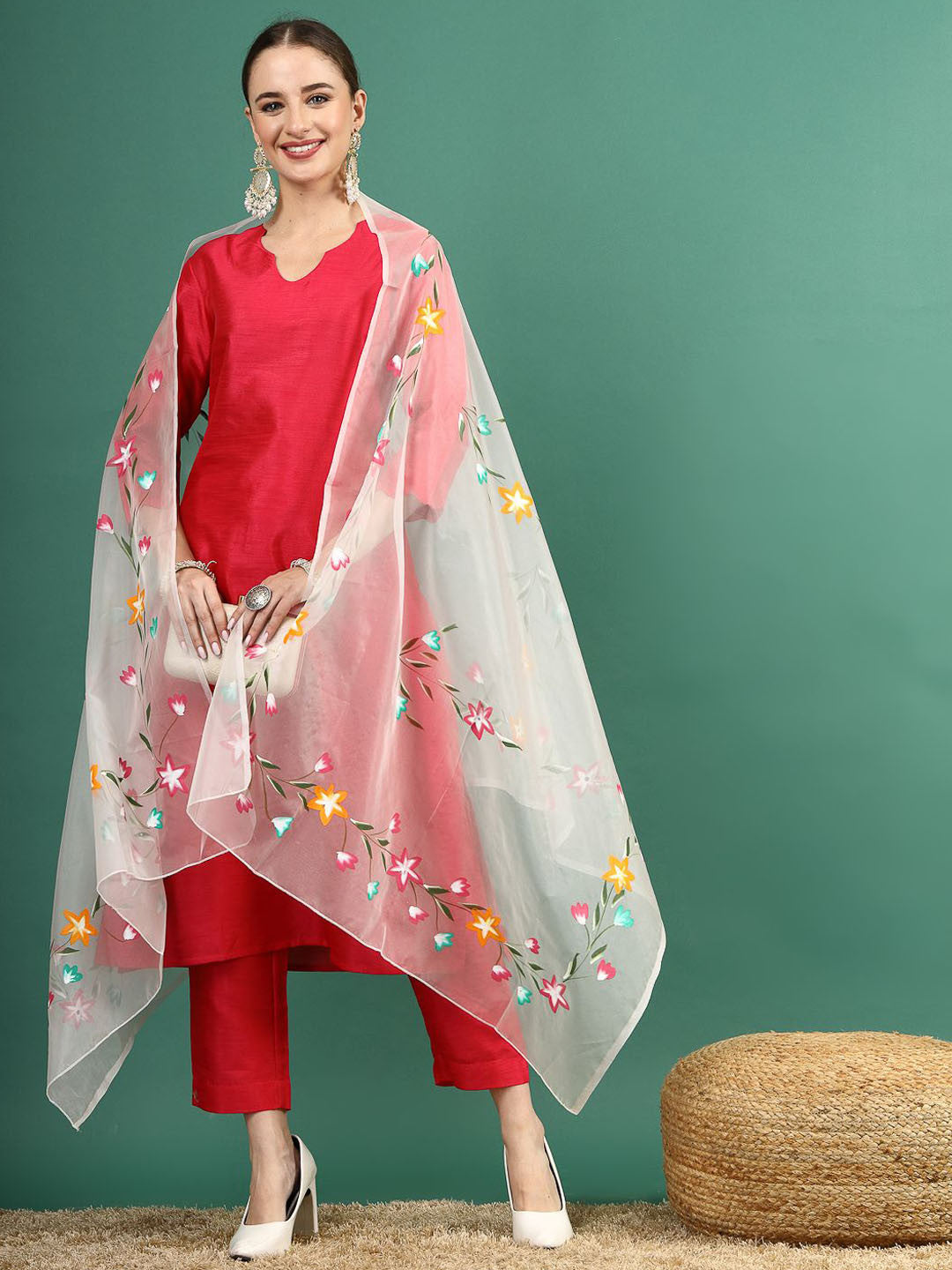 Dhiyona SN Pink V-Neck Straight Kurta & Trouser With Printed Dupatta