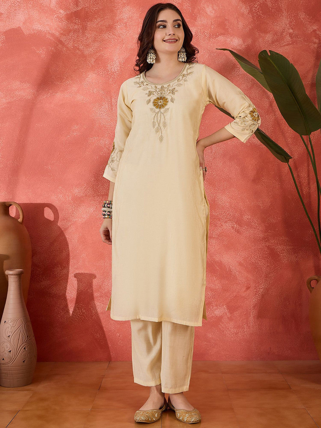 Embroidered Straight Kurta With Trouser & Dupatta Set