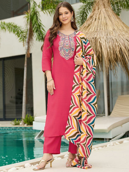 Dhiyona KL Women Solid Embroidered Kurta with Trousers & Dupatta