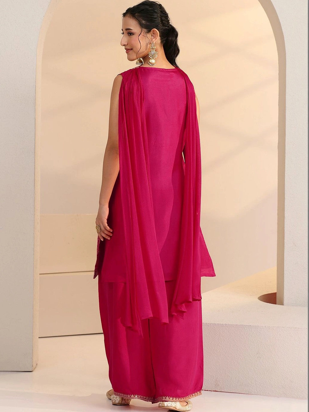 Rani Pink Woven Design Silk Blend Palazzo Suit Set