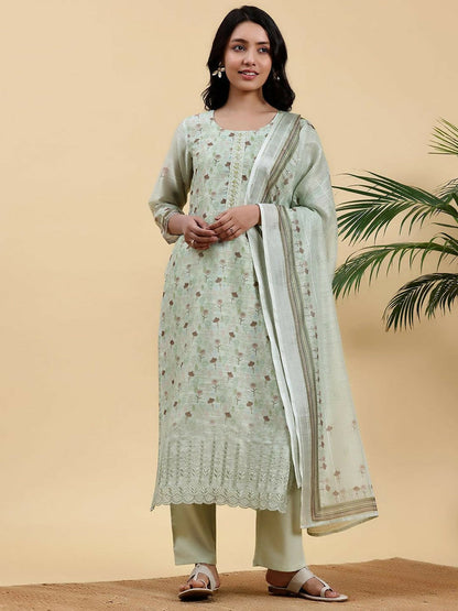 Women's LB Green Printed Chanderi Silk Pakistani Suit