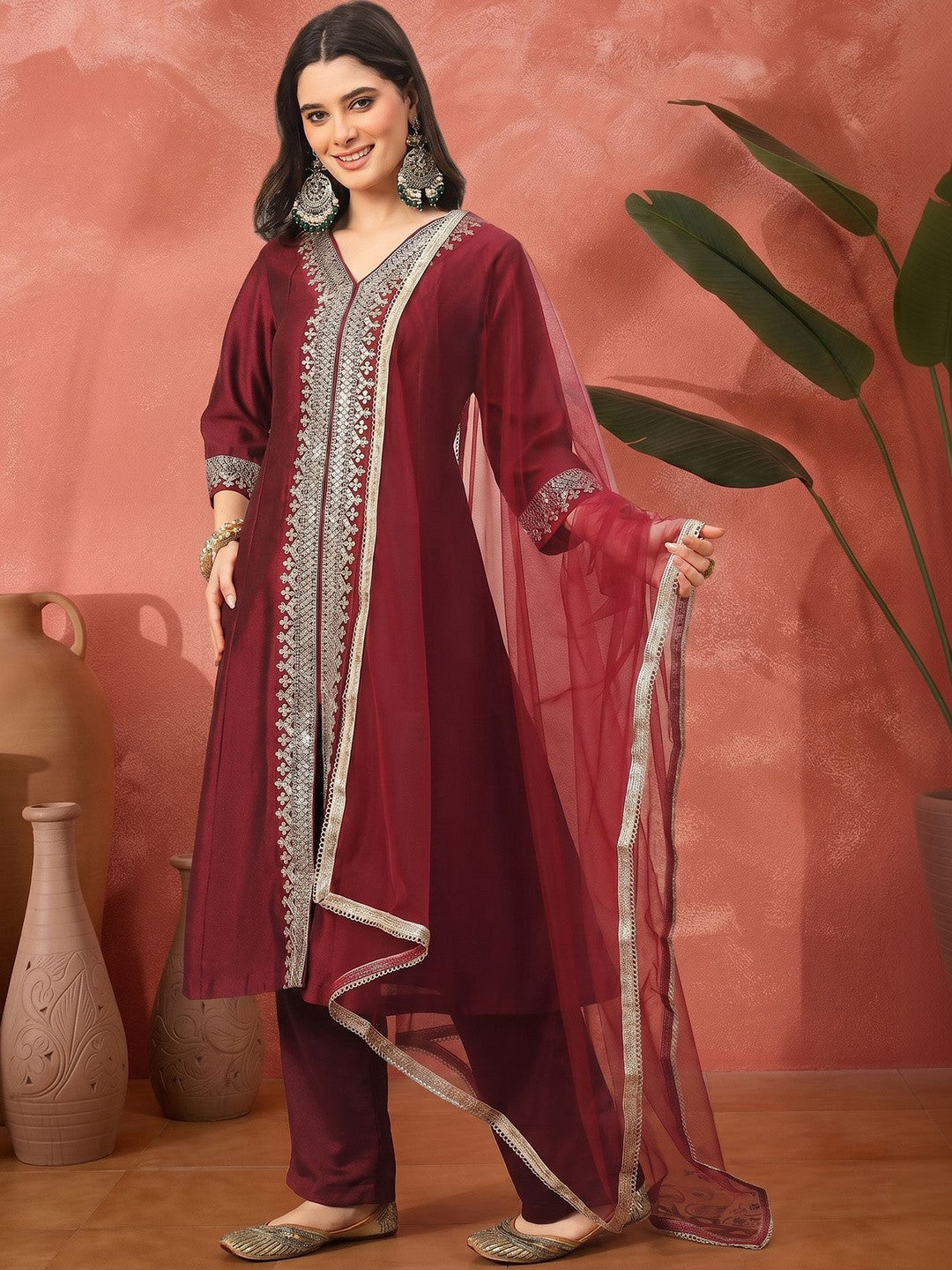 Printed Silk Blend Shirt Collar Kurta & Trousers With Dupatta