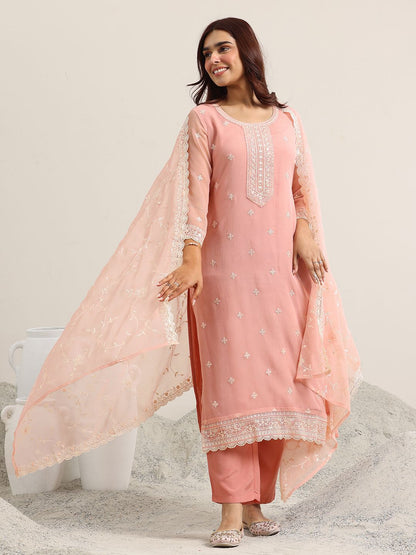 Dhiyona LL Ethnic Motifs Embroidered Round Neck Sequinned Kurta With Palazzos & Dupatta