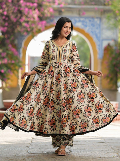 Dhiyona RR Women's Floral Printed Regular Pure Cotton Kurta with Trousers & Dupatta