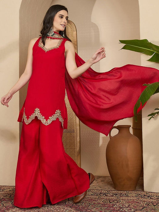 Dhiyona SN Embroidered V-Neck Kurta Palazzos & Dupatta