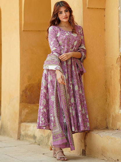 Dhiyona KL Floral Printed Regular Pure Cotton Anarkali Kurta with Trousers & Dupatta