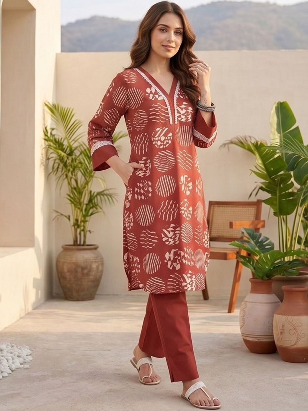 Red Women Printed Regular Kurta with Trousers