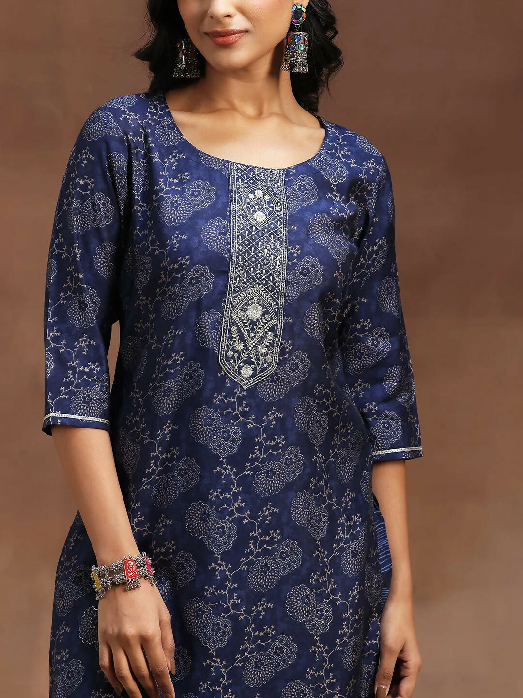 Women's LB Blue Printed Silk Blend Straight Suit With Dupatta