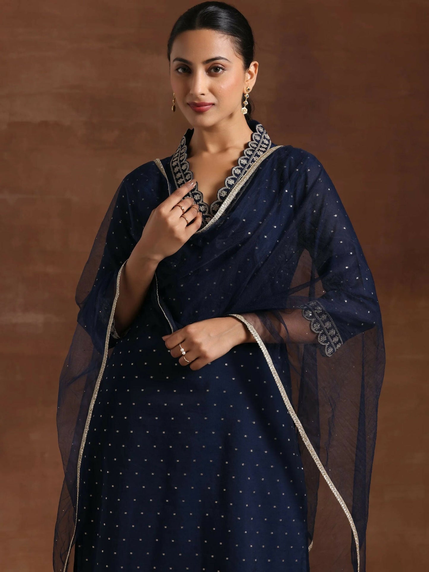 Women's LB Blue Self Design Silk Blend Straight Suit With Dupatta