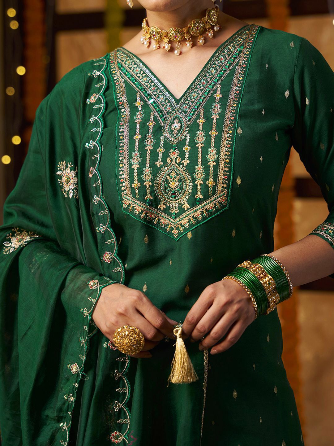 Dhiyona CH Floral Embroidered V-Neck Mirror Work Straight Kurta With Trousers & Dupatta