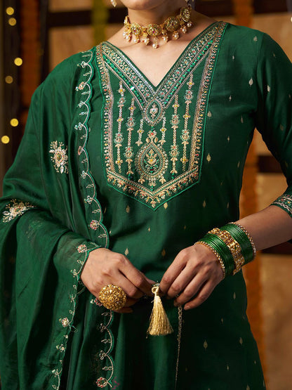 Dhiyona CH Floral Embroidered V-Neck Mirror Work Straight Kurta With Trousers & Dupatta