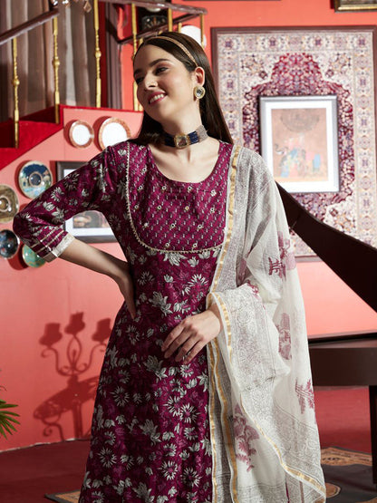 Floral Printed Round Neck Cotton A-Line Kurta With Trousers & Dupatta