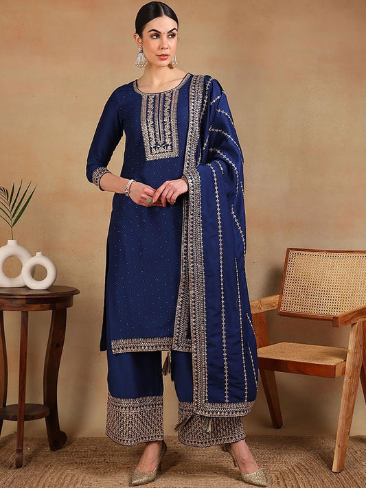 Dhiyona KL Ethnic Motifs Embroidered Regular Kurta with Palazzos & Dupatta