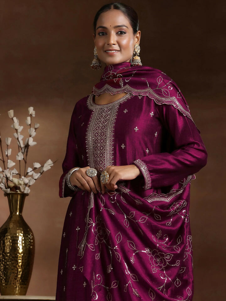 Women's LB Wine Embroidered Silk Blend Straight Suit With Dupatta