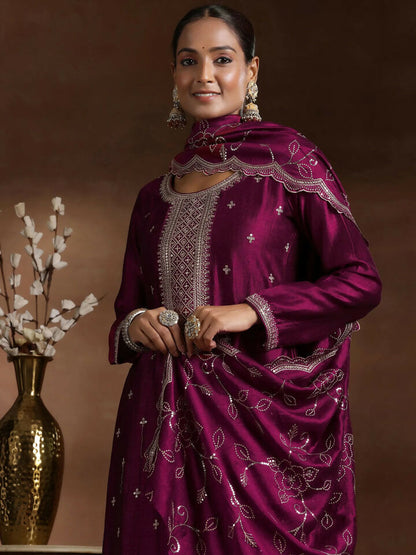 Women's LB Wine Embroidered Silk Blend Straight Suit With Dupatta