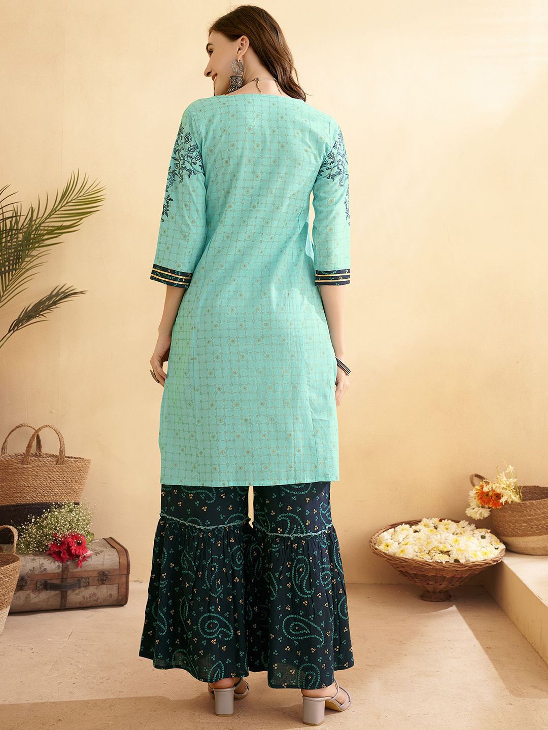 Dhiyona AN Sea Green Floral Printed Pure Cotton Straight Kurta With Sharara
