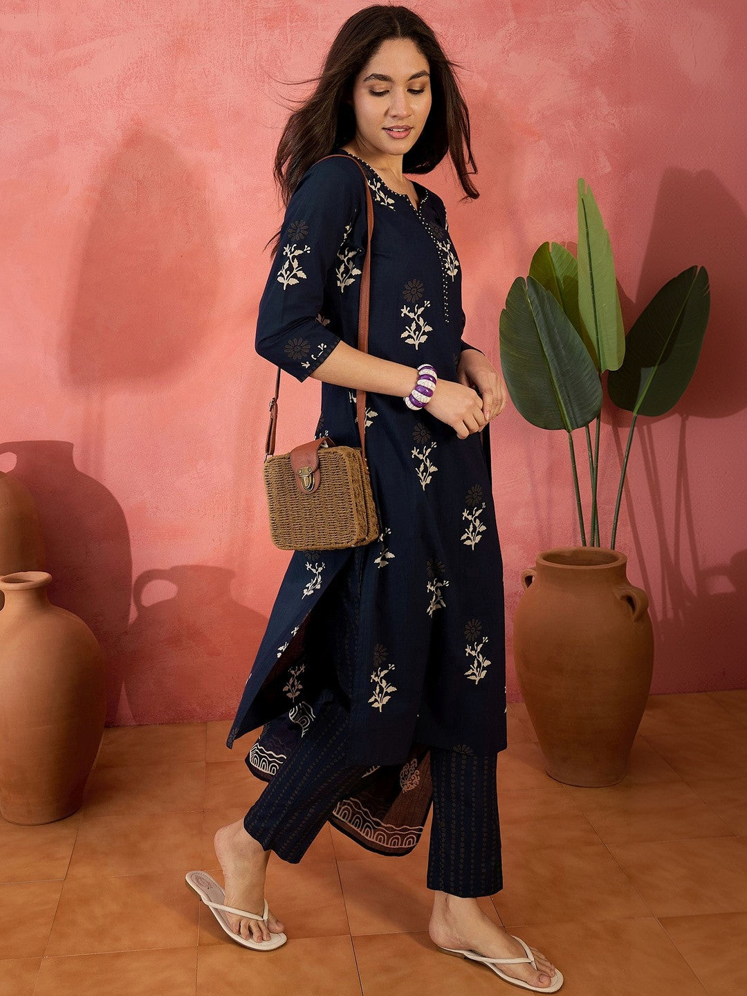 Printed Pure Cotton Round Neck Kurta & Trousers Kurta Set