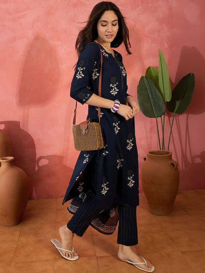 Printed Pure Cotton Round Neck Kurta & Trousers Kurta Set
