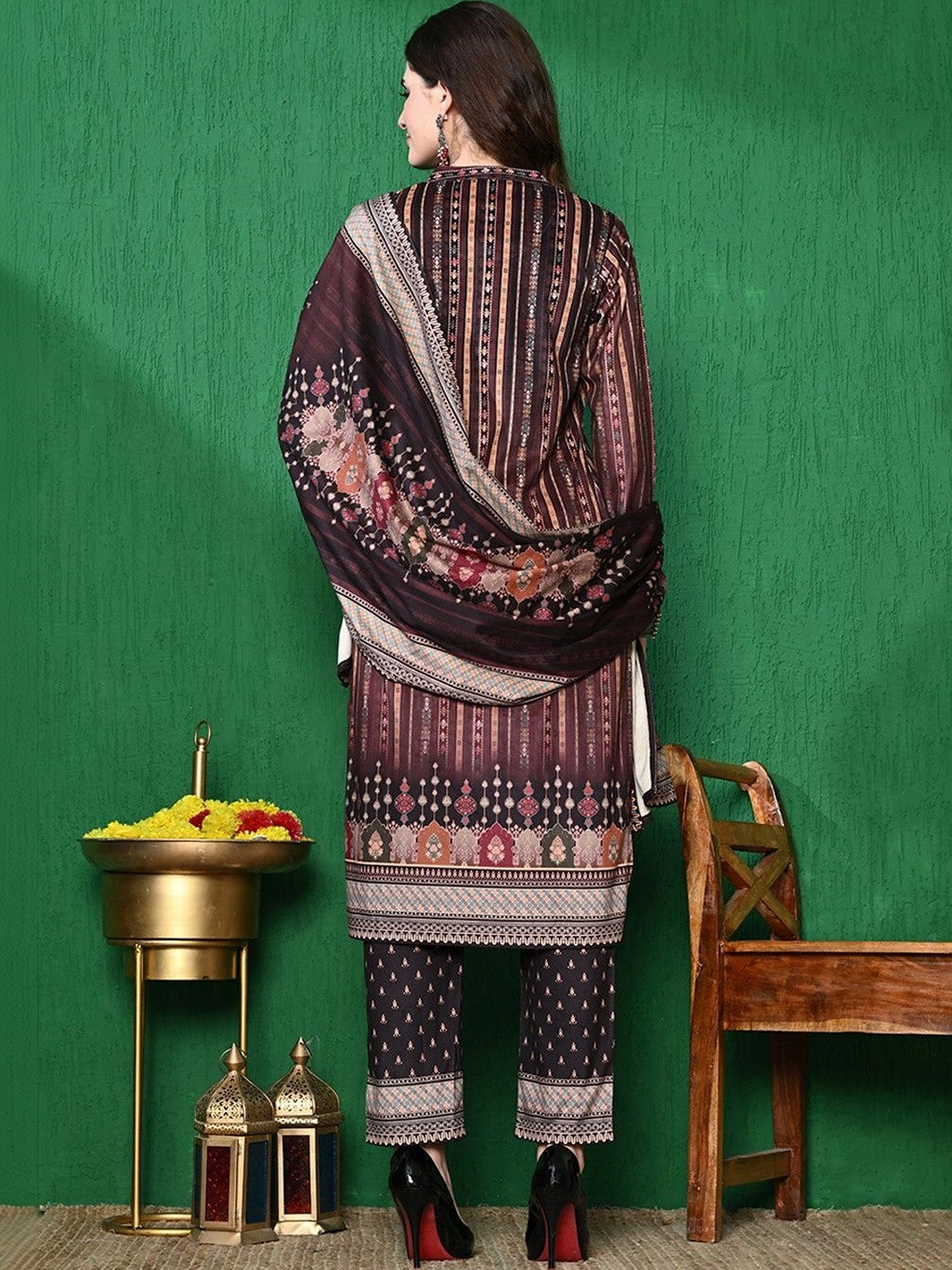 Brown Ethnic Motifs Winter Velvet Straight Kurta & Trouser With Dupatta