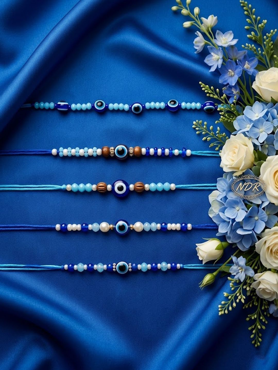 Dhiyona Set Of 5 Blue Evil Eye Thread Rakhi With Roli Chawal Chandan Mishri