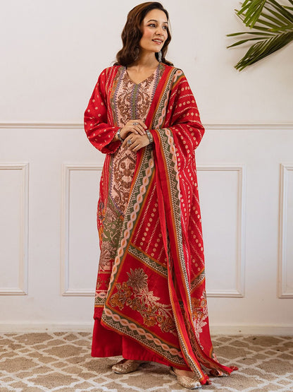 Dhiyona SN Floral Printed V Neck Straight Kurta & Palazzos With Dupatta