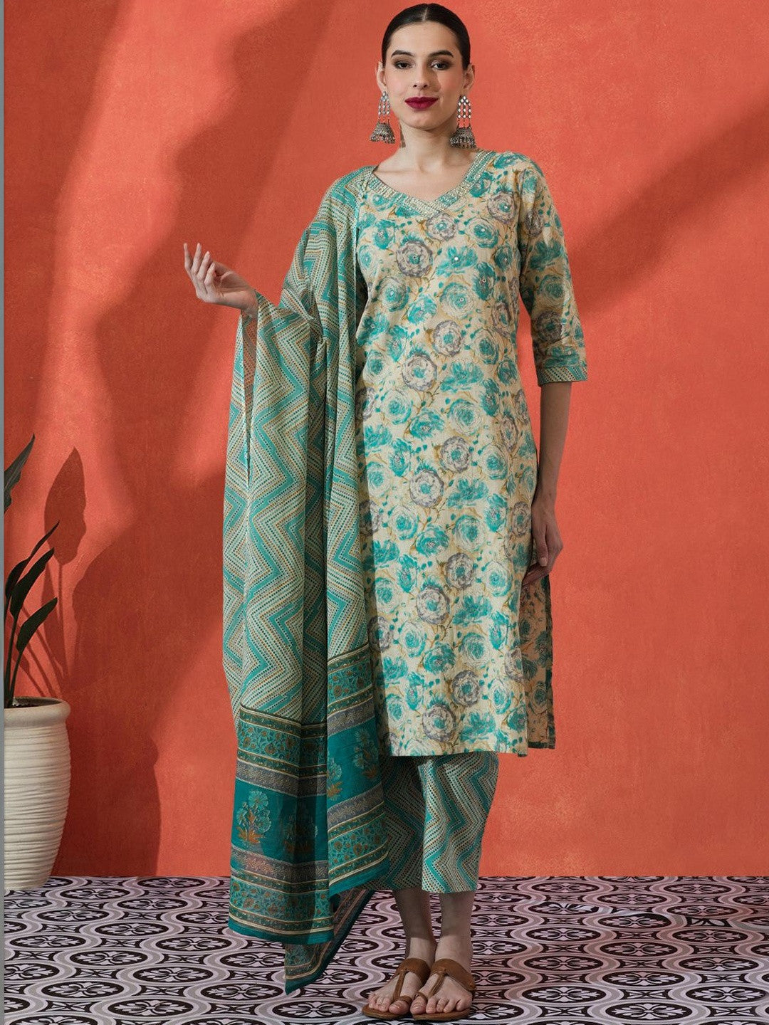 Embroidered Pure Cotton V-Neck Straight Kurta & Trousers With Dupatta