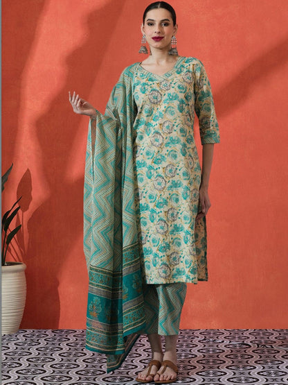 Embroidered Pure Cotton V-Neck Straight Kurta & Trousers With Dupatta