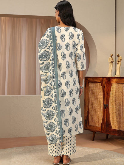 Off White Paisley Printed Cotton Blend Straight Suit Set