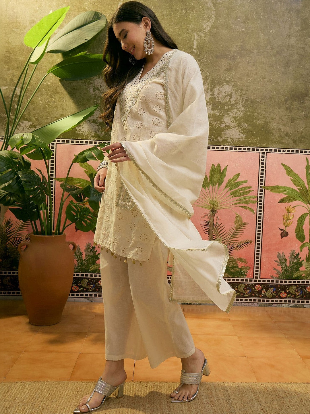 Embroidered Pure Cotton V-Neck Kurta & Trousers With Dupatta