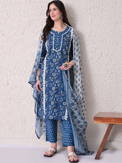 Women Floral Printed Regular Pure Cotton Kurta with Trousers & With Dupatta