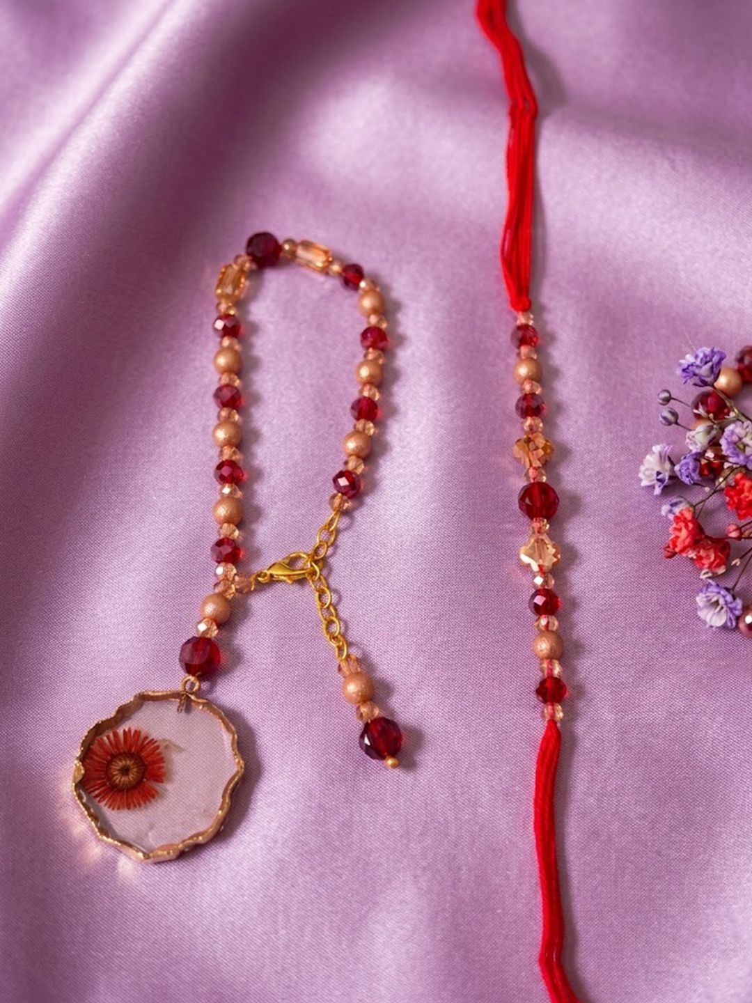 Dhiyona Set Of 2 Gold Toned Red Artificial Beads Bhaiya Bhabhi Rakhi