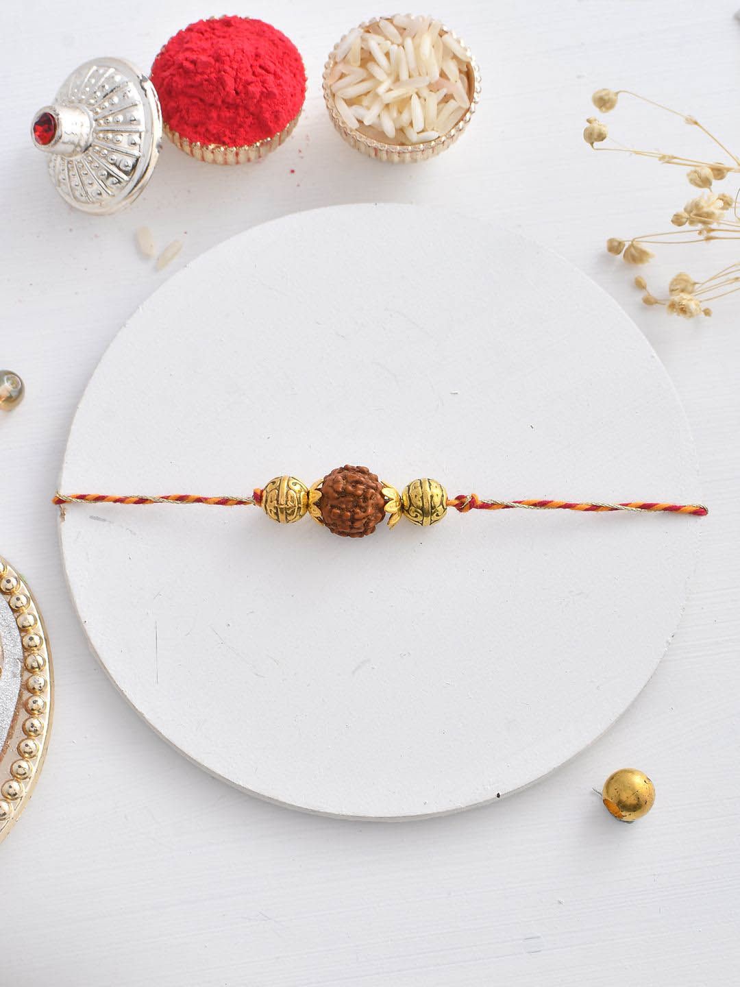 Dhiyona Rudraksh Beaded Braided Thread Rakhi With Roli Chawal & Greetings Card