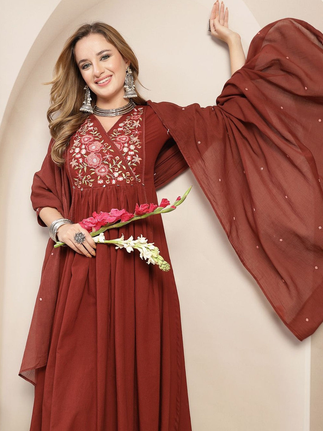 Women Floral Embroidered Angrakha Thread Work Pure Cotton Kurta with Palazzos & With Dupatta