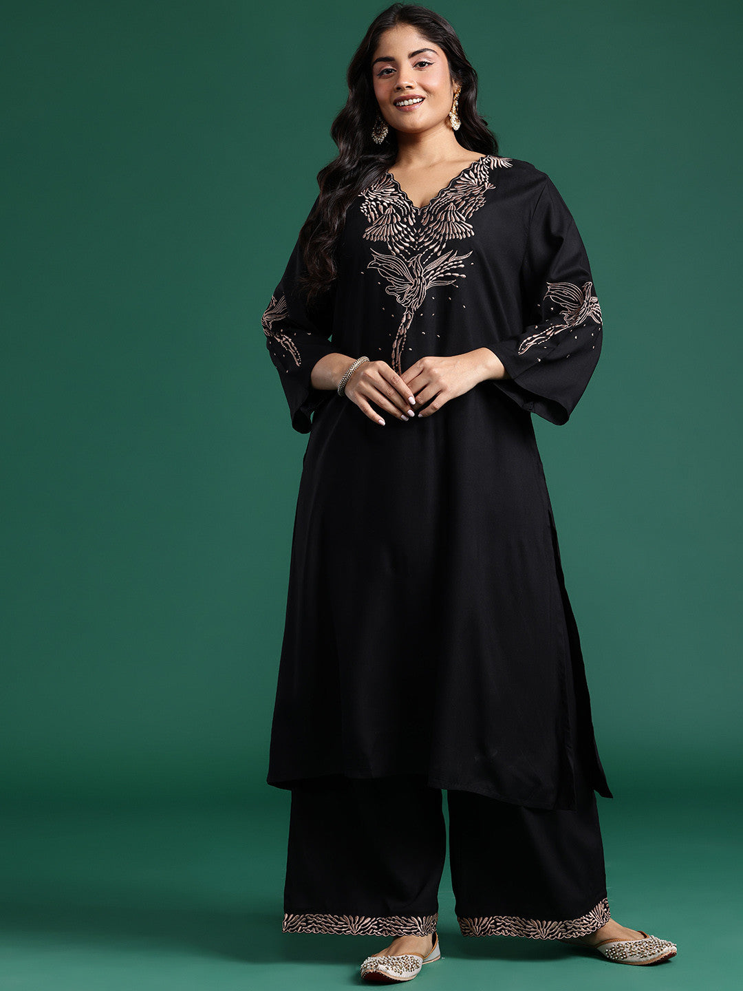 Plus Size Embroidered Regular Kurta with Palazzos