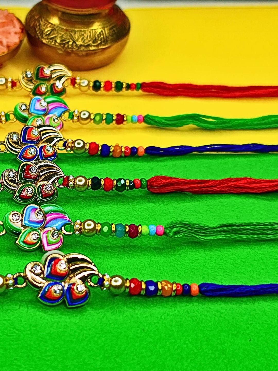 Dhiyona Set Of 6 Beaded Cotton Thread with AD Stones & Meenakari Designer Rakhi for Brother